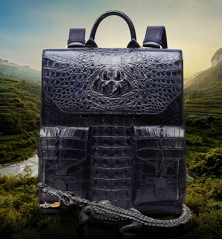 Men’s Genuine Crocodile Skin Backpack, Casual Travel Bag Extra Capacit