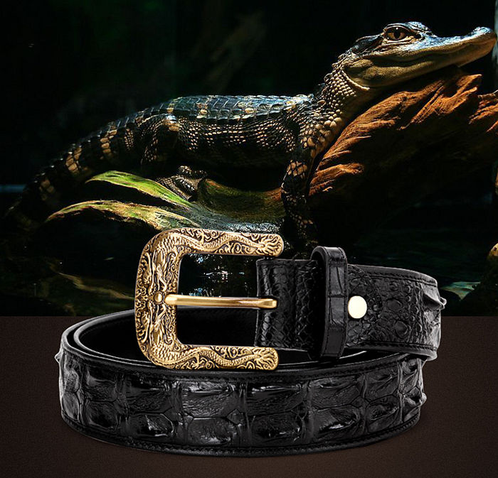 Alligator Skin Belt with Natural Zircons and Dragon Pattern Pin Buckle
