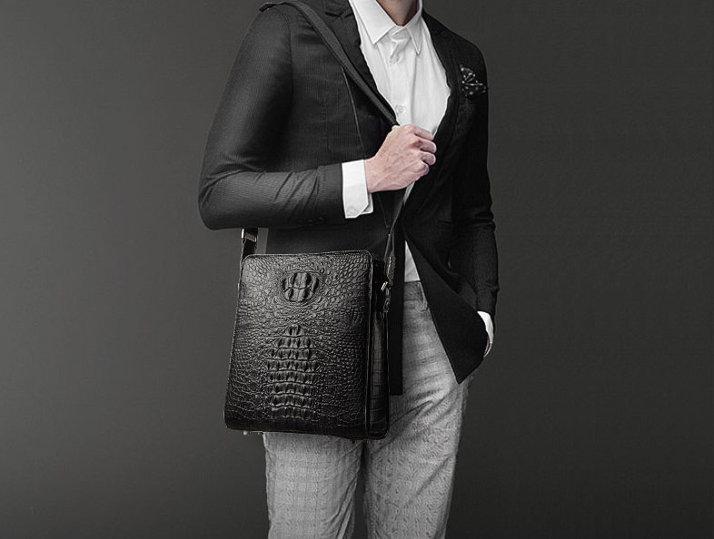 Original Crocodile Skin Leather Shoulder Bag, Black Men's Luxury Messenger  Bags