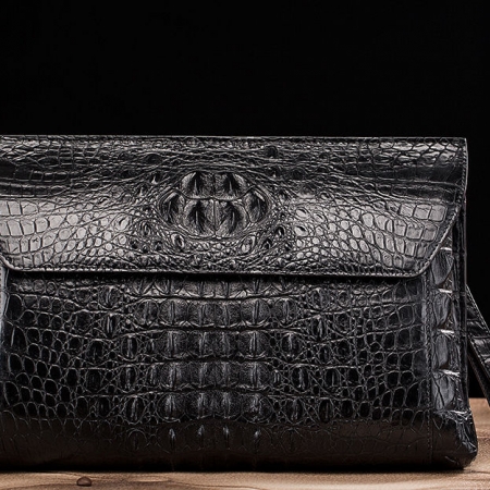 Handmade Crocodile Skin Clutch Wallet Business Portfolio Briefcase Envelope Clutch Bag-Black-Front
