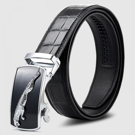 Genuine Alligator Leather Dress Belt, Automatic Sliding Buckle Ratchet Adjustable Track Belt-Black