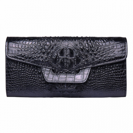 Crocodile Leather Clutch Long Purse Leather Wallet for Women-Head Skin-Black