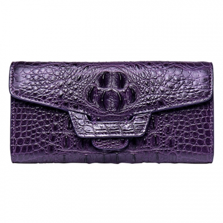Crocodile Leather Clutch Long Purse Leather Wallet for Women-Head Skin-Purple