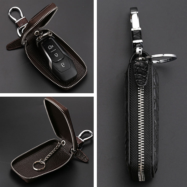 Genuine Leather Car Key Pouch Dual Zip Layer Vintage Crocodile Pattern  Designer Key Chain Holder Organizer Car Case Bag Cover