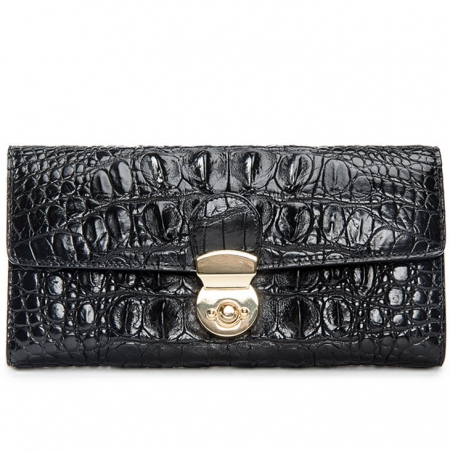 Lady's Crocodile Leather Clutch Long Purse Wallet-Black