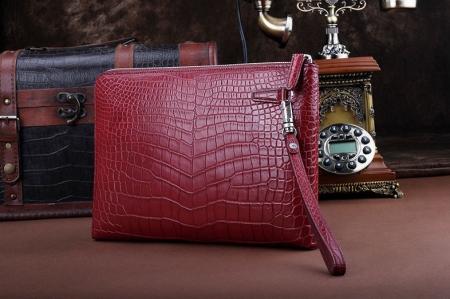 Business Alligator Clutch Wallet with Removable Hand Strap-Wine Red-Back