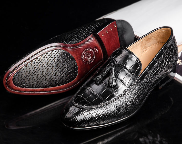 Men Black Alligator Texture Leather Moccasin Shoes, black loafers shoes