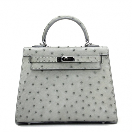 Designer Padlock Ostrich Leather Satchel Purse Crossbody Bag Handbag-Gray