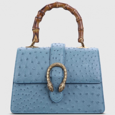 Ostrich Handbag Flapover Cross Body Bag with Bamboo Handle-Blue