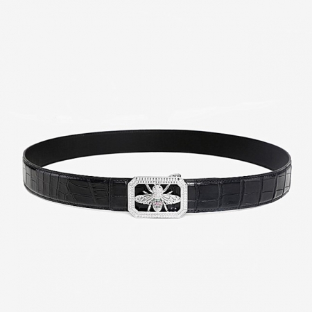 Alligator Skin Belt with Natural Zircons and Bee Pattern Pin Buckle-Black