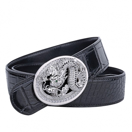 Alligator Skin Belt with Natural Zircons and Dragon Pattern Pin Buckle-Black