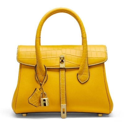 Yellow Croc-Effect Leather Handbags Lock Satchel Handbags