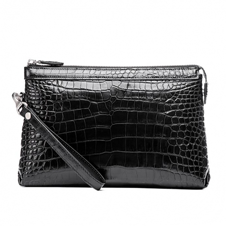 Designer Alligator Leather Large Wallet With Strap Wristlet Clutch Bag for Men-Black-Back