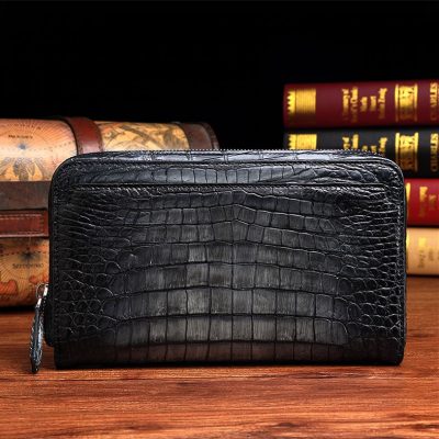 Luxury wallet in genuine crocodile leather with coin purse, dark brown