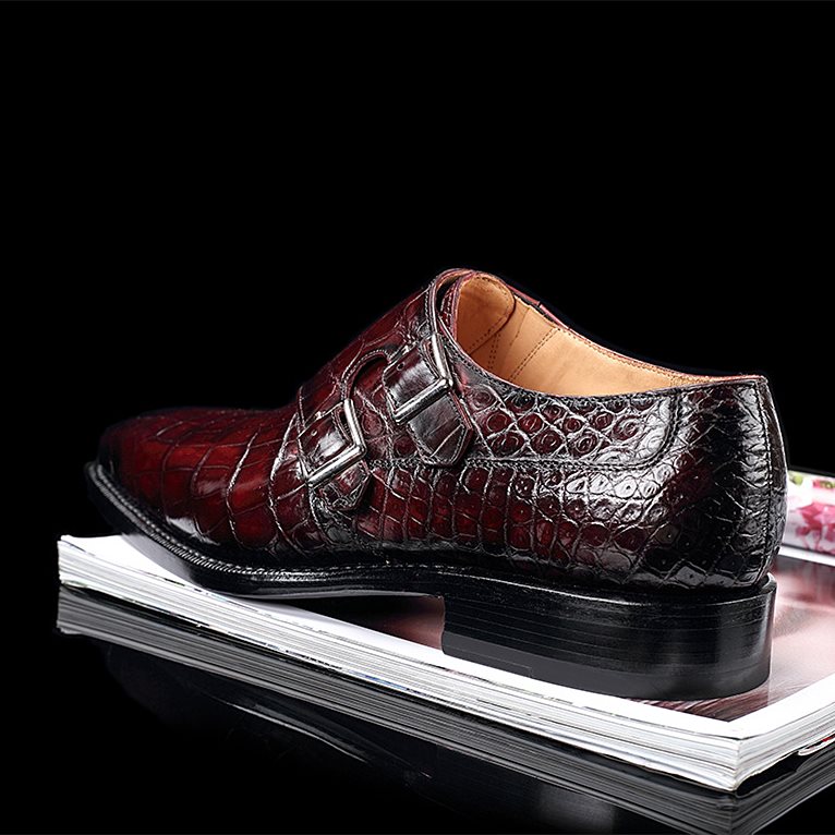 Men's Red Monk Strap Shoes Alligator Textured Dress Shoes