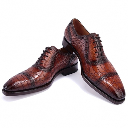 Mens Alligator Leather Cap Toe Lace up Oxford Classic Modern Business Dress Shoes-Brown-Display