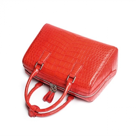 Classic Alligator Leather Barrel Handbag Top-Handle Bag Purse for Women-Red-Details