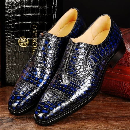 Mens Alligator Leather Cap-Toe Lace up Oxford Dress Shoes-Blue