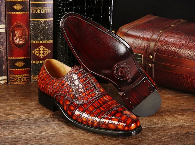 Mens Alligator Leather Cap-Toe Lace up Oxford Dress Shoes