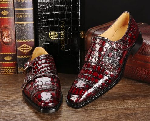 Men's Alligator Leather Double Buckle Monk Strap Cap-Toe Dress Shoes