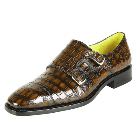 Men's Alligator Leather Double Buckle Monk Strap Cap-Toe Dress Shoes-Brown