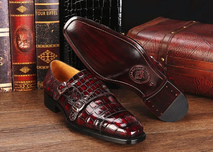 Men's Alligator Leather Double Buckle Monk Strap Cap-Toe Dress Shoes