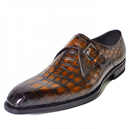 Alligator Monk Strap Slip-On Loafer Formal Business Dress Shoes-Brown