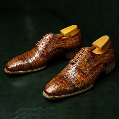 Classic Alligator Leather Cap-Toe Derby Leather Lined Dress Shoes for Men