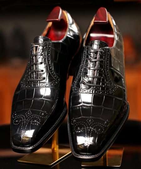 Handcrafted Alligator Business Dress Shoes Formal Brogue Alligator Shoes - Black