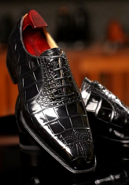 Handcrafted Alligator Business Dress Shoes Formal Brogue Shoes - Black