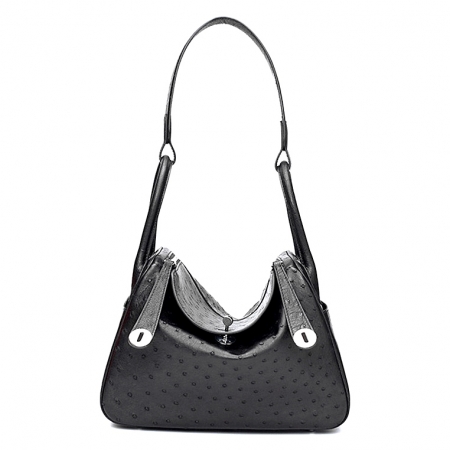 Genuine Ostrich Handbags Shoulder Tote Organizer Top Handle Bags-Black
