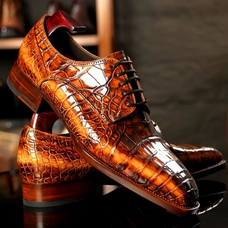 Formal Alligator Leather Shoes Modern Derby Shoes for Men - Brown