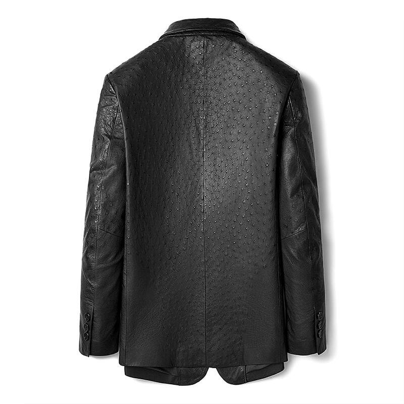 Tab Collar Men Ostrich Embossed Leather Jacket