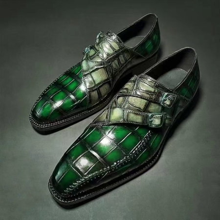 Stylish Alligator Leather Double Buckle Monk Strap Loafers-Green