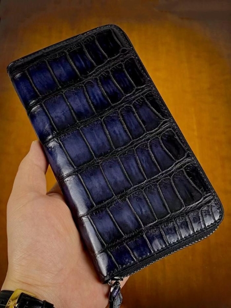 Bespoke Patina Leather Wallet Alligator Long Zip Around Wallet - Blue