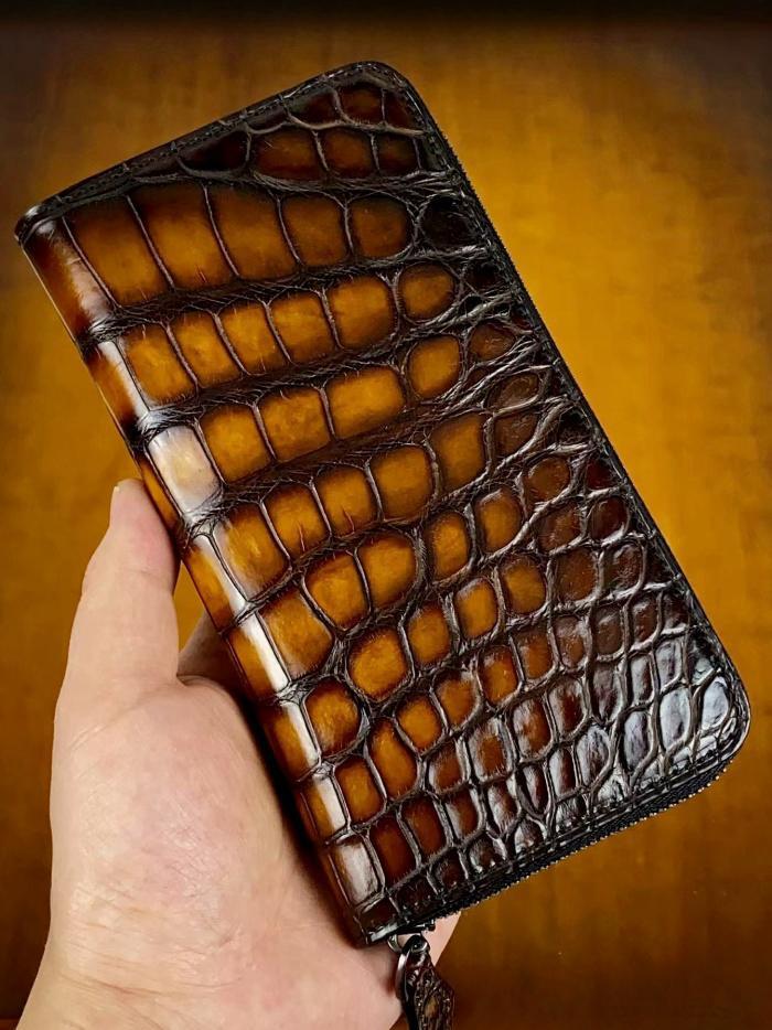 Bespoke Patina Leather Wallet Alligator Long Zip Around Wallet - Brown