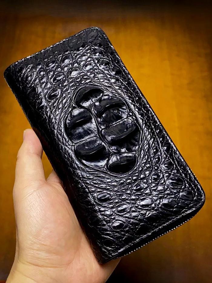 Custom Leather Wallet Crocodile Long Zip Around Wallet - Black