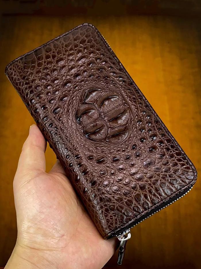 Custom Leather Wallet Crocodile Long Zip Around Wallet - Brown