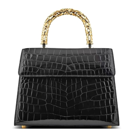 Stylish Alligator Leather Handbag with Gold Stainless Steel Handle