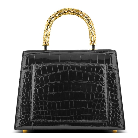 Stylish Alligator Leather Handbag with Gold Stainless Steel Handle - Back