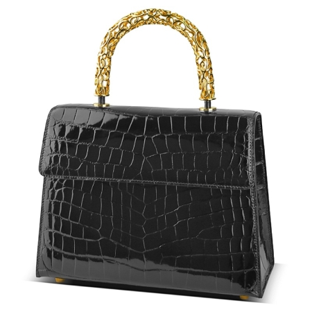 Womens Alligator Leather Handbag with Gold Stainless Steel Handle